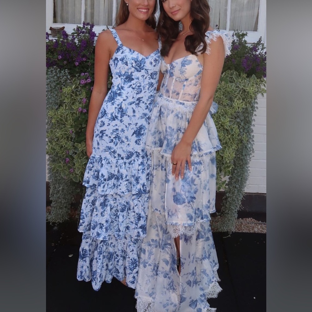 Blue and white floral tiered dress